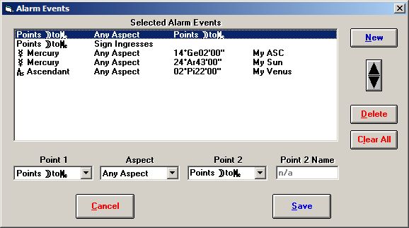 Screenshot of Alarm Events listing box